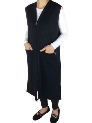 Kadın Çelik Örgü Önü ve Cepleri Fermuarlı Uzun Kışlık Yelek
