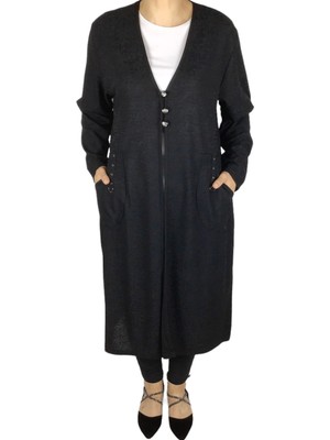 Kadın Önü Üç Düğmeli Cepli Jakarlı Yazlık Uzun Hırka