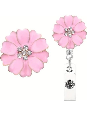 Taşlı Pembe Kamelya Çiçeği Alaşım Yoyolu Yaka Kart Tutucu