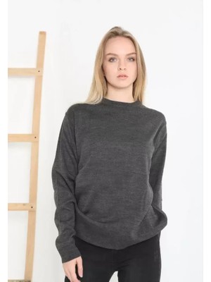 Adisia Unisex Uzun Kol Biskilet Yaka Dokuma Triko - Füme