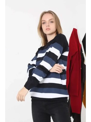 Adisia Unisex Kalın Çizgili Bisiklet Yaka Triko Kazak - Lacivert