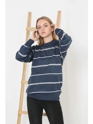 Adisia Unisex Ince Çizgili Bisiklet Yaka Triko Kazak - Lacivert
