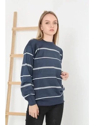 Adisia Unisex Ince Çizgili Bisiklet Yaka Triko Kazak - Lacivert