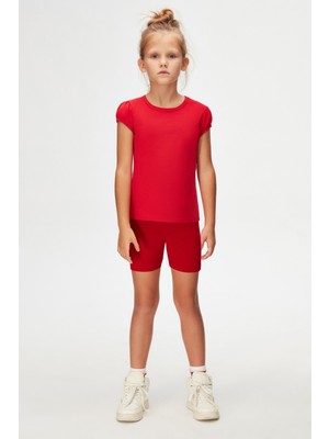 Açık Kırmızı Basic Kız Çocuk Sıfır Yaka Karpuz Kol Tişört