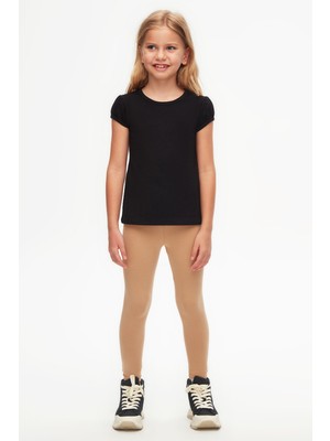 Siyah Basic Kız Çocuk Sıfır Yaka Karpuz Kol Tişört