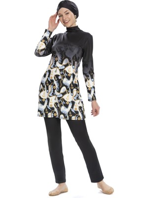 Kadın Siyah Desenli Uzun Kollu Tesettür Mayo HZL25S-AR272-02