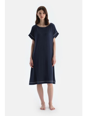Lacivert Düşük Omuzlu Kısa Kollu Viskon Gecelik