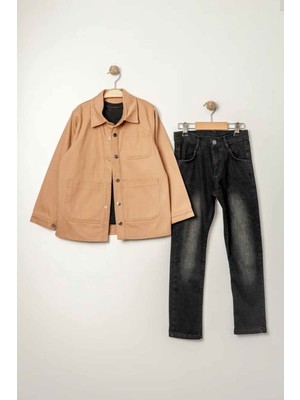 Miniğimin Cicileri (9-12 Yaş) Çıtçıtlı Keten Gömlekli Erkek Çocuk 3 lü takım - Taba