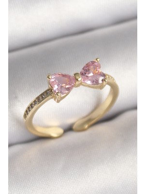 Stillove Pirinç Gold Renk Pembe Zirkon Taşlı Kalp Fiyonk Model Kadın Yüzük