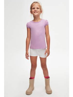Lila Basic Kız Çocuk Sıfır Yaka Karpuz Kol Tişört