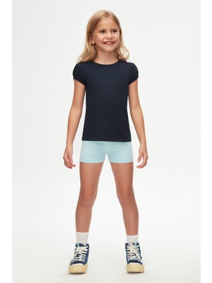 Koyu Lacivert Basic Kız Çocuk Sıfır Yaka Karpuz Kol Tişört
