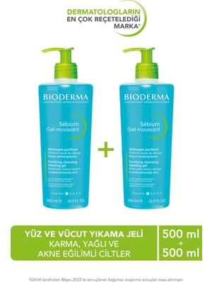 Bioderma Sebium Foaming Gel Karma Yağlı ve Akne Eğilimli Ciltler İçin Yüz Temizleme Jeli 500 ml x 2 adet