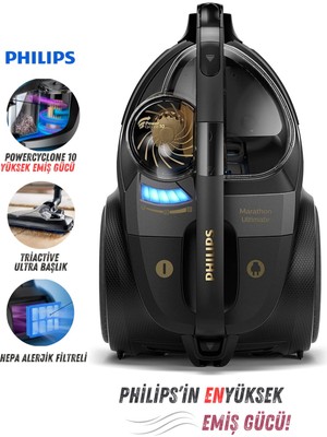 Philips  Triactive Ultra Başlık ve Powercyclone 10 Teknolojisi ile Premium Toz Torbasız Elektrikli Süpürge, Metalik Gri + Onerous Lambader Hediye