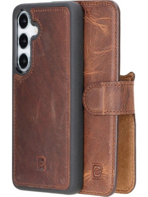 Bouletta Samsung Galaxy S25 Uyumlu Deri El Yapımı Cüzdanlı Kılıf Antik Kahve
