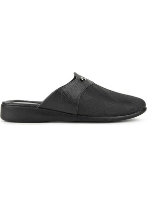 Muya Khanda Erkek Ev Terliği Ortopedik Taban Suni Deri Düz Siyah Sezonsuz