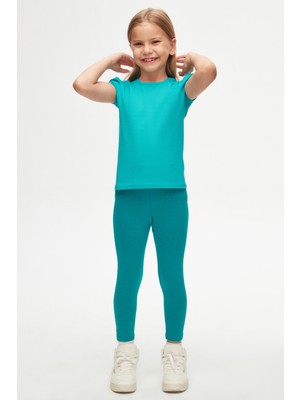 Açık Petrol Basic Kız Çocuk Sıfır Yaka Karpuz Kol Tişört