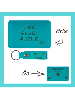 Miawiki Koyu Turkuaz, Aşk, Sevgi, Huzur Için Tasarlandı, Motifli, Isme Özel Cüzdan ve Anahtarlık Set,