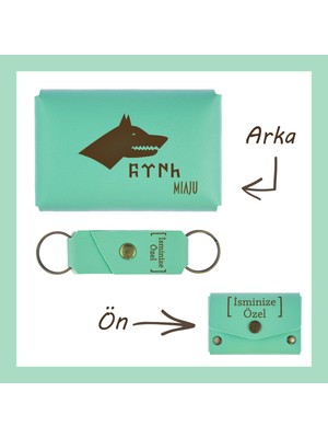 Miawiki Açık Yeşil, Bozkurt ve Türk Desenli, Isme Özel Cüzdan ve Anahtarlık Set, Akrabaya  Aksesuar