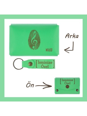 Miawiki Fıstık Yeşil, Müzik Desenli Isminize Özel Cüzdan ve Anahtarlık Set, Sevdiğin Için Unutulmaz Aksesuar