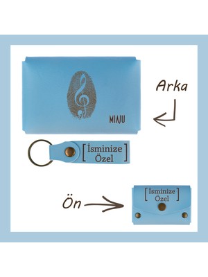 Miawiki Açık Mavi, Isme Özel, Müzik Desenli Cüzdan ve Anahtarlık Set, lik Deri Cüzdan & Anahtarlık Set