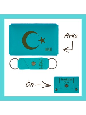 Miawiki Koyu Turkuaz, Hilal ve Yıldız Desenli, Isme Özel Cüzdan & Anahtarlık Set, Türk Kimliği Taşıyanlara