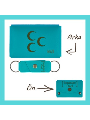 Miawiki Koyu Turkuaz, Üç Hilal Desenli, Kişiye Özel Cüzdan ve Anahtarlık Set, Asil
