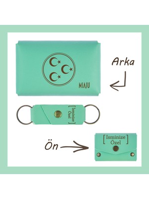 Miawiki Açık Yeşil, Üç Hilal ve Yıldız Desenli, Isme Özel Cüzdan ve Anahtarlık Set, Akrabaya  Aksesuar