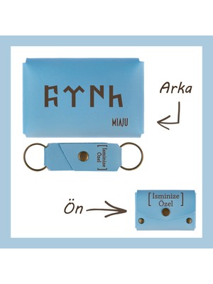 Miawiki Açık Mavi, Göktürkçe Türk Yazı Desenli, Isme Özel, Cüzdan ve Anahtarlık Set, lik Anı, Armağan