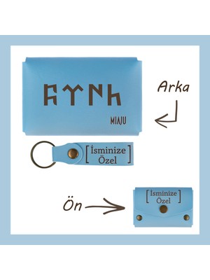 Miawiki Açık Mavi, Göktürk Dilinde Türk Yazı Desenli, Isme Özel, Cüzdan ve Anahtarlık Set, lik Armağan