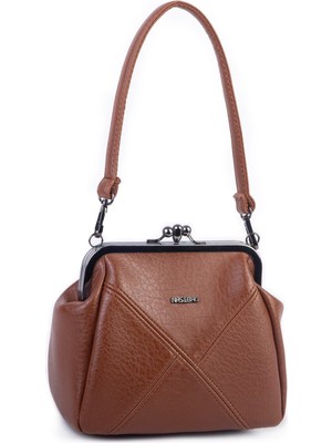 Nas Bag Mini Vintage Burslu Klipsli Kadın Omuz ve Çapraz Çanta Taba Victoria ( 20X17 Cm)