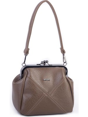 Nas Bag Mini Vintage Burslu Klipsli Kadın Omuz ve Çapraz Çanta Vizon Victoria ( 20X17 Cm)