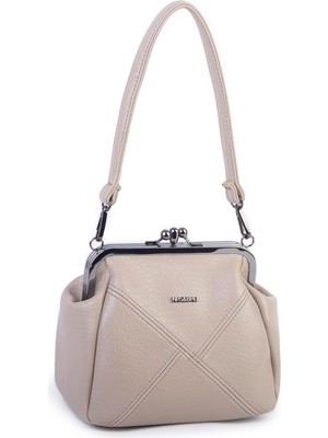 Nas Bag Mini Vintage Burslu Klipsli Kadın Omuz ve Çapraz Çanta Kum Victoria ( 20X17 Cm)