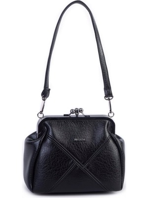 Nas Bag Mini Vintage Burslu Klipsli Kadın Omuz ve Çapraz Çanta Siyah Victoria ( 20X17 Cm)
