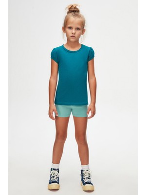 Koyu Petrol Basic Kız Çocuk Sıfır Yaka Karpuz Kol Tişört