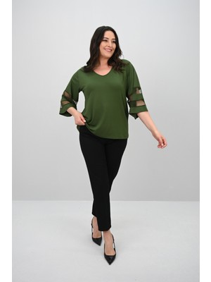 Koza Butik Kadın Büyük Beden Yarasa Kol Tül Detaylı Bluz 1901-25