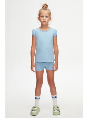 Koyu Mavi Basic Kız Çocuk Sıfır Yaka Karpuz Kol Tişört