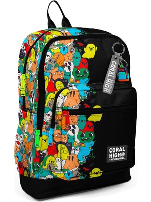 Coral High Siyah Karikatür Desenli Dört Bölmeli Okul Sırt Çantası 23774