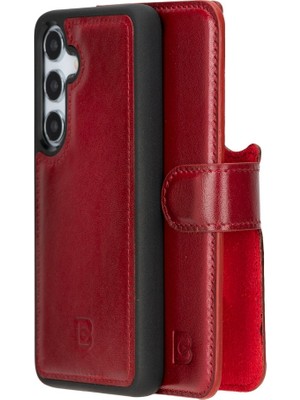 Bouletta Samsung Galaxy S25 Plus Uyumlu Deri El Yapımı Cüzdanlı Kılıf Gölgeli Kırmızı