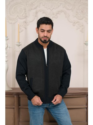 Pilot Yaka Fermuar Kapamalı Klasik Kesim Astarlı Desenli Çelik Örgü Hırka