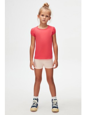 Nar Çiçeği Basic Kız Çocuk Sıfır Yaka Karpuz Kol Tişört