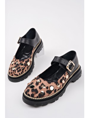 Muggo Egeria Leopar Desenli Tek Bantlı Kalın Taban Kadın Günlük Loafer Ayakkabı