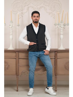 Woolen World Regular Fit Ön Cepli Desenli Kolsuz Erkek Triko Yelek