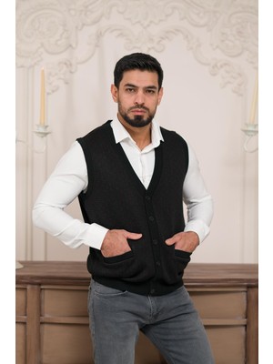 Woolen World Regular Fit Ön Cepli Desenli Kolsuz Erkek Triko Yelek