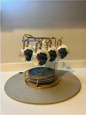 Cocovia Dekoratif Şık 6'lı Tabaklı Fincan Askısı-Kahve Fincan Askı-Fincan Askılığı-Kupa Askısı-Fincanlık