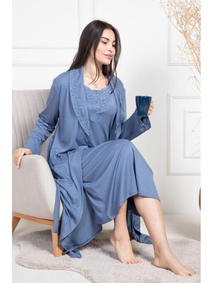 Mecit 6156 Indigo Kadın Büyük Beden Sabahlıklı Gecelik Takım