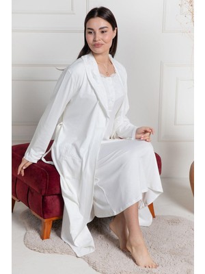 Mecit Pijama Mecit 6156 Ekru Kadın Büyük Beden Sabahlıklı Gecelik Takım