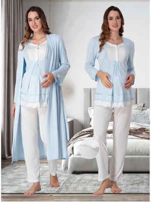 Effortt Dvina  Lohusa Sabahlıklı Pijama Takımı Ekru-Mavi - 9054