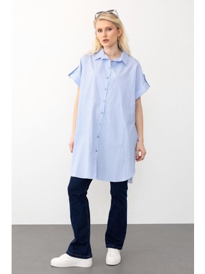 Yandan Yırtmaçlı Çizgili Poplin Tunik Açık Mavi 9283