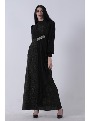 Feminist Gold Bisiklet Yaka Beli Taş Detaylı Tesettür Abiye 08061281.122