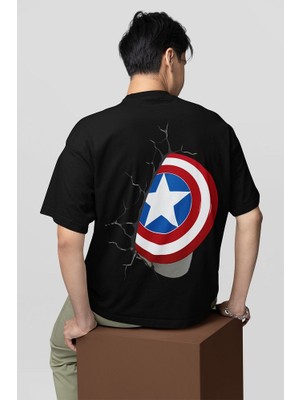 Kaptan Amerika Kalkan Baskılı Unisex Oversize Avengers Marvel Tişört
